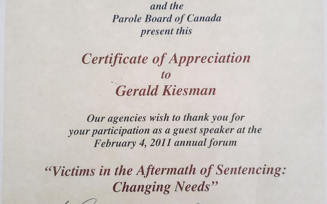 Certificate of Appreciation to Gerald Kiesman